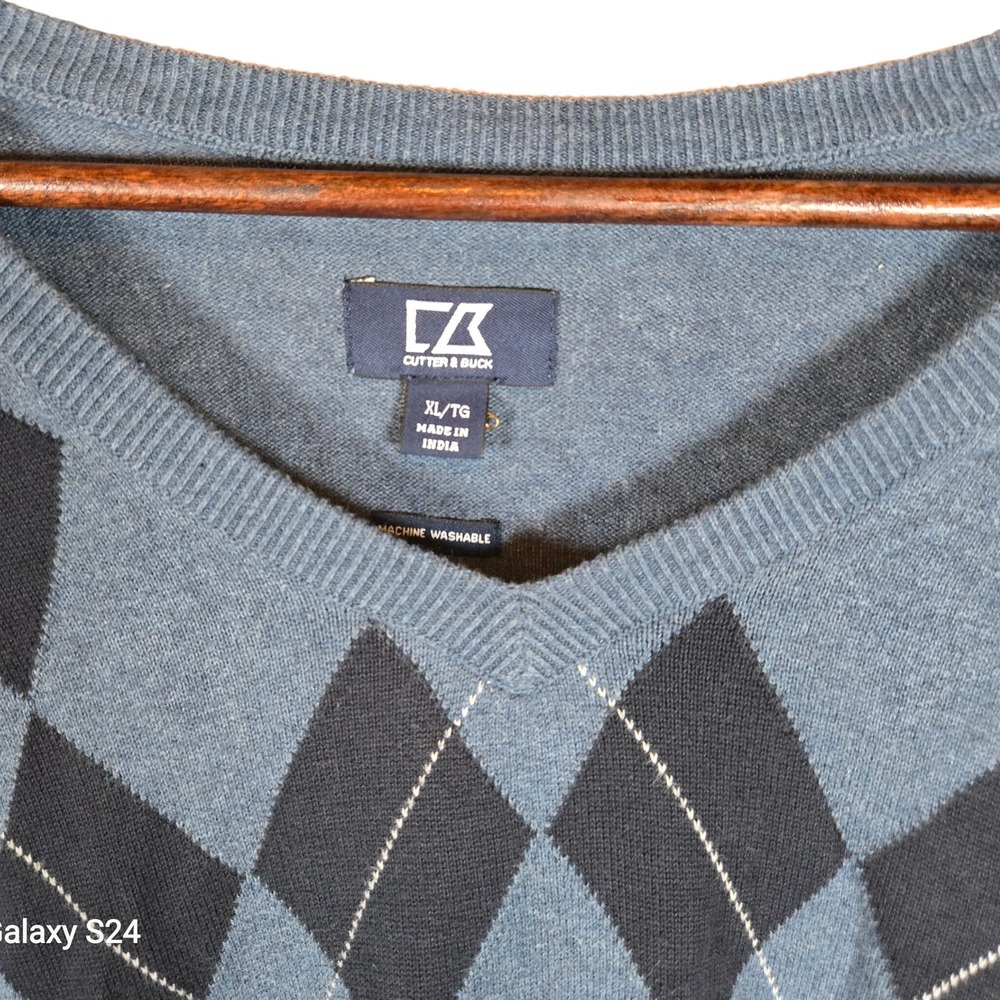 Cutter and Buck Mens XL TG Blue Argyle V Neck Long Sleeve Sweater